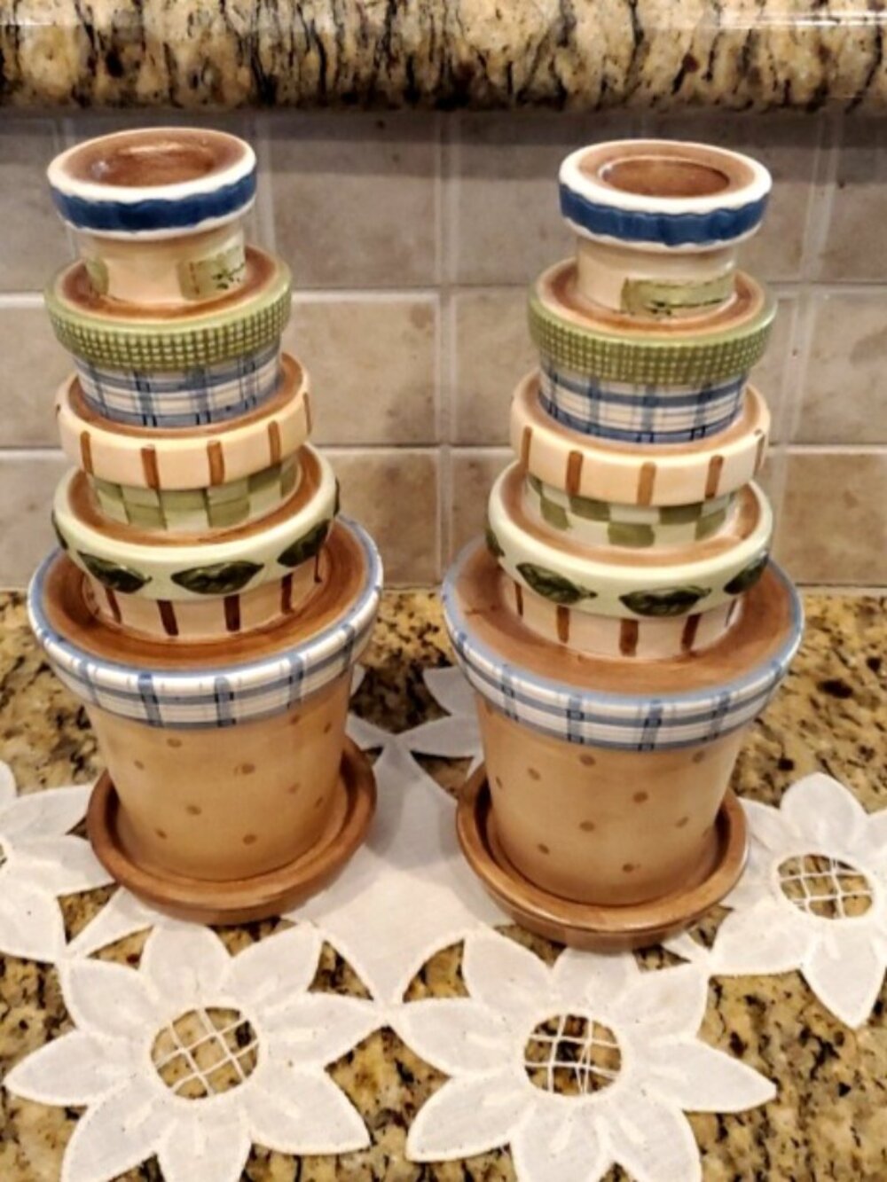 YANKEE CANDLE Candle Holders Stacked Flower Pots 7" High ~ Set Of 2